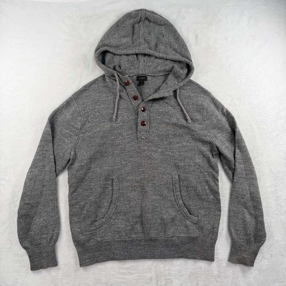 J Crew Knit Henley Hoodie Sweater Mens M Pullover 100% Cotton Lightweight Casual